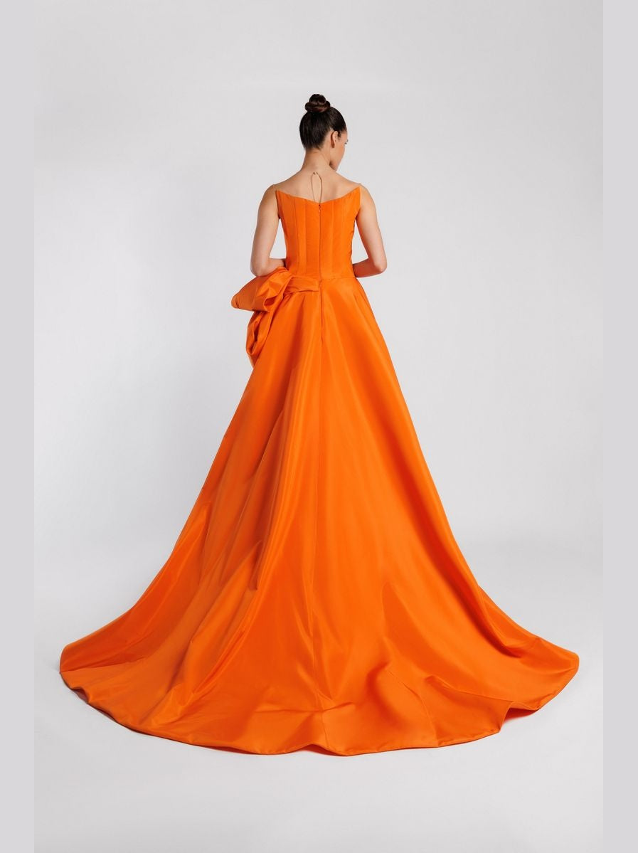 Embroidered Strapless Evening Dress with Pleated Waist and Overskirt Train