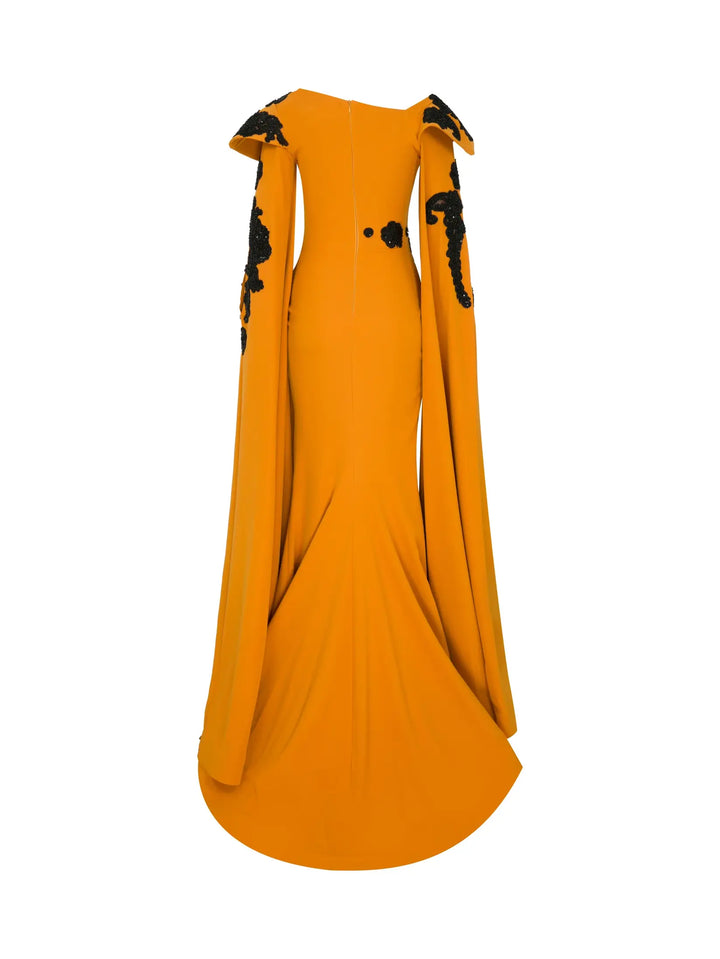 Crepe Beaded Off Shoulder Gown