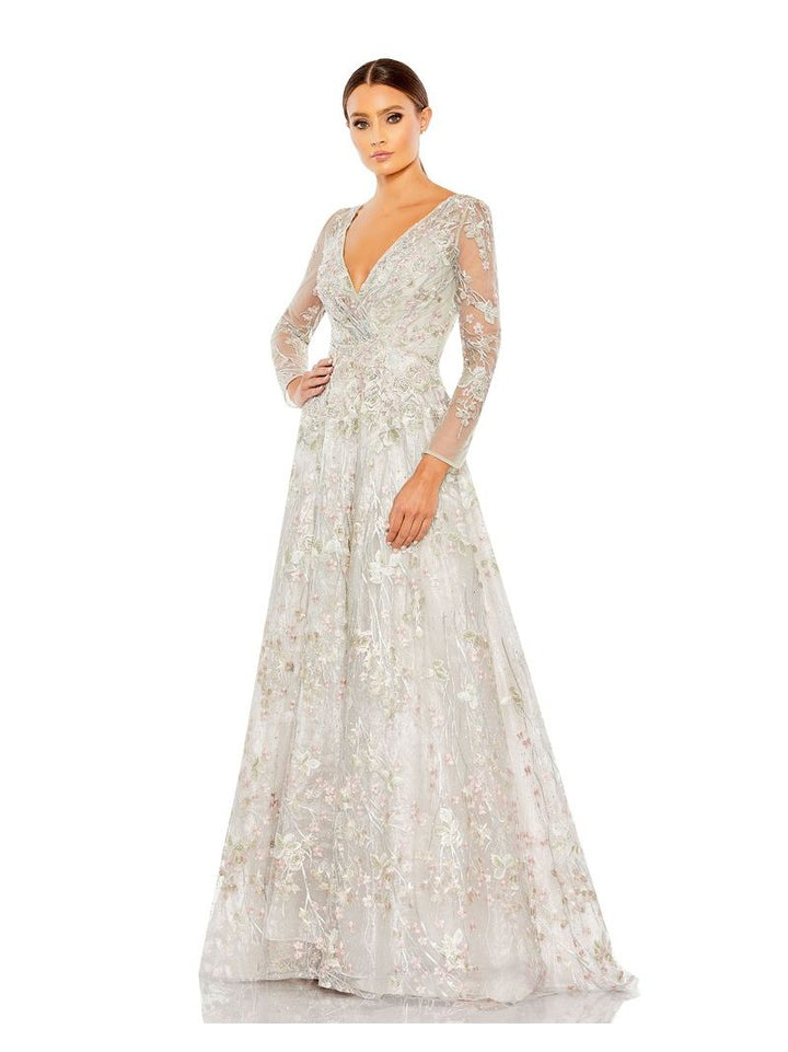 Lace Wrap Over Illusion Long Sleeve A Line Gown -Pink