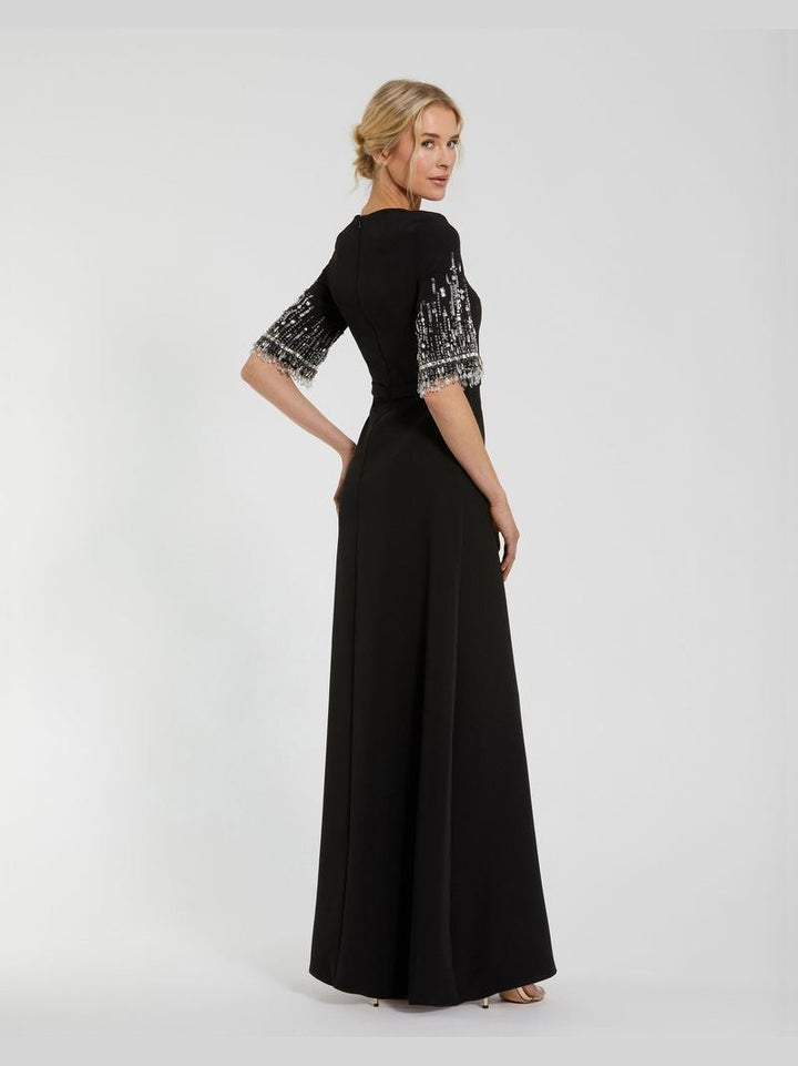 Crepe A Line Gown With Beaded 3/4 Sleeves
