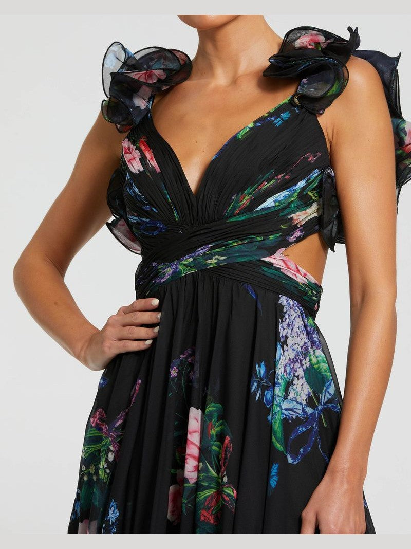 Tiered Floral Cut-Out Chiffon Gown