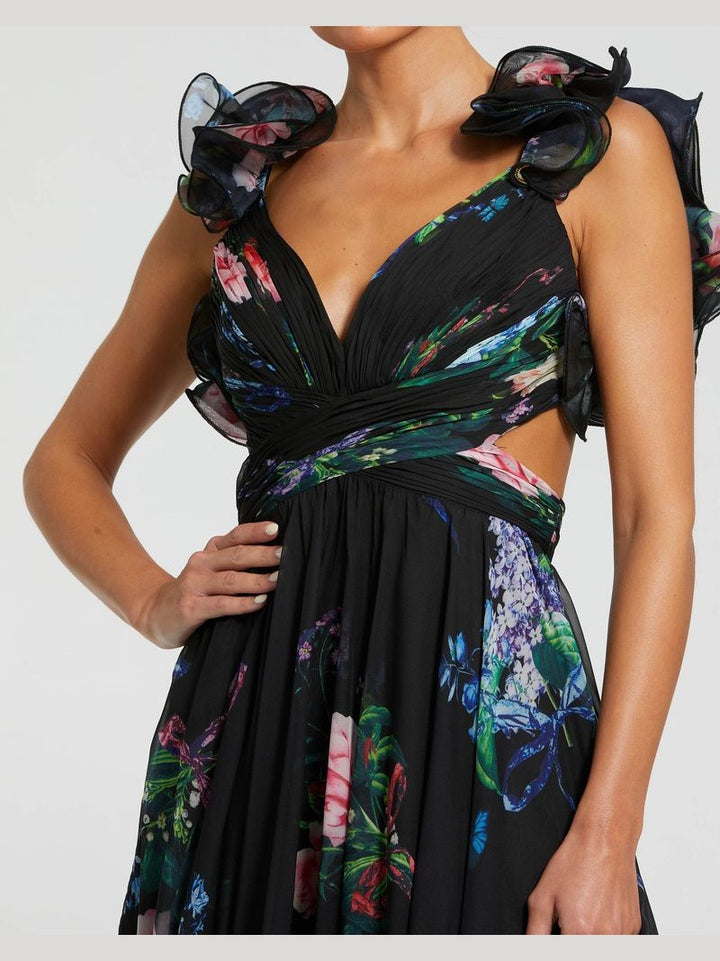 Tiered Floral Cut-Out Chiffon Gown