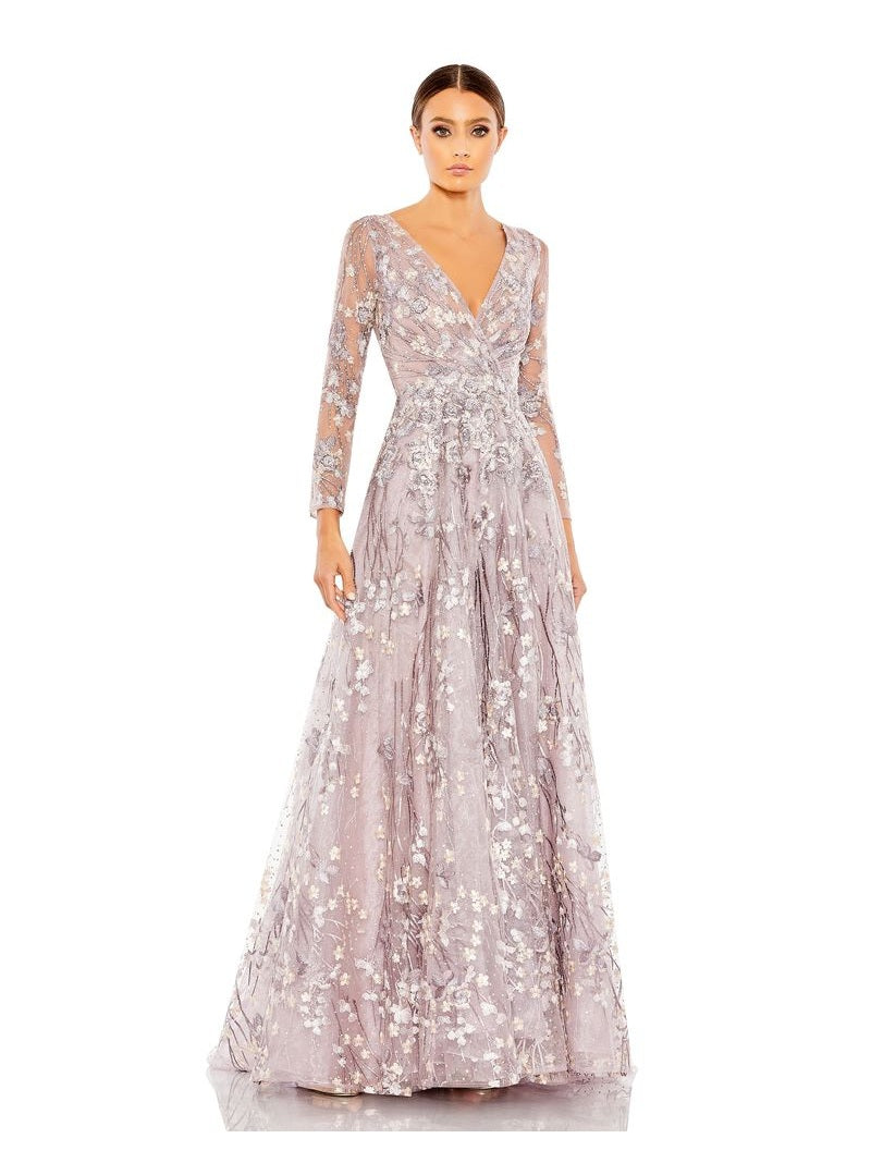 Lace Wrap Over Illusion Long Sleeve A Line Gown -Pink