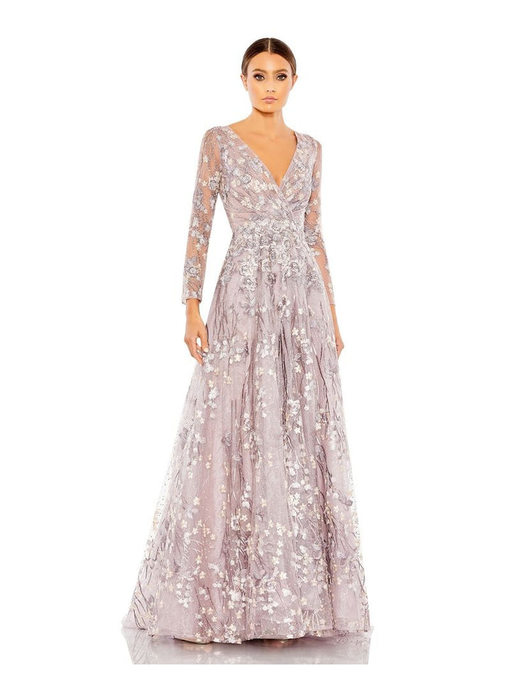 Lace Wrap Over Illusion Long Sleeve A Line Gown -Pink