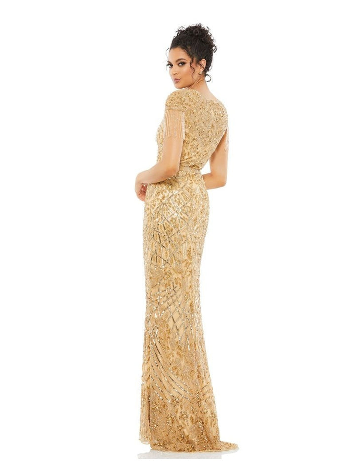 Gold Embellished Fringe Cap Sleeve Trumpet Gown