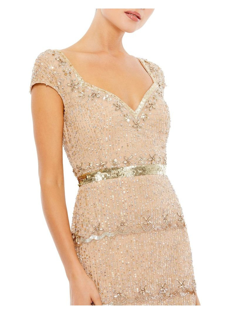 Cap Sleeve Sweetheart Neckline Beaded Sequin Column Gown
