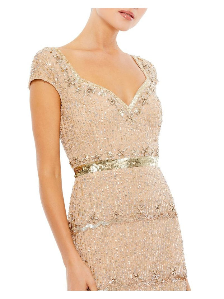 Cap Sleeve Sweetheart Neckline Beaded Sequin Column Gown