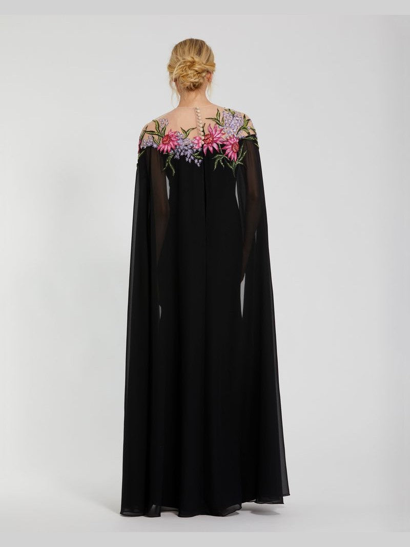 Sheer Cape Gown with Beaded Embroidery