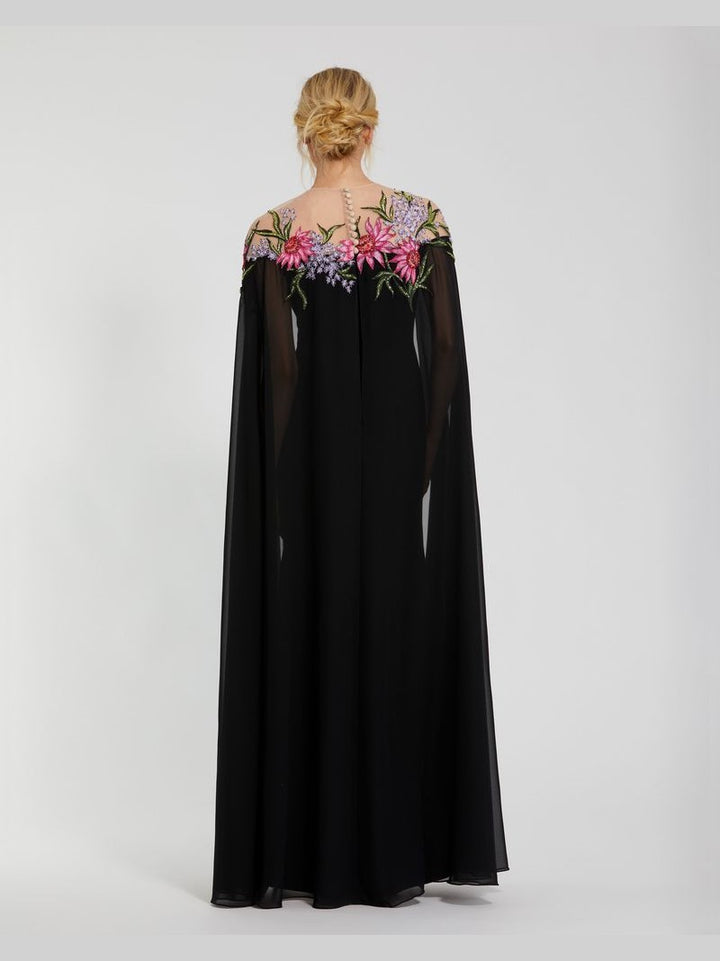 Sheer Cape Gown with Beaded Embroidery