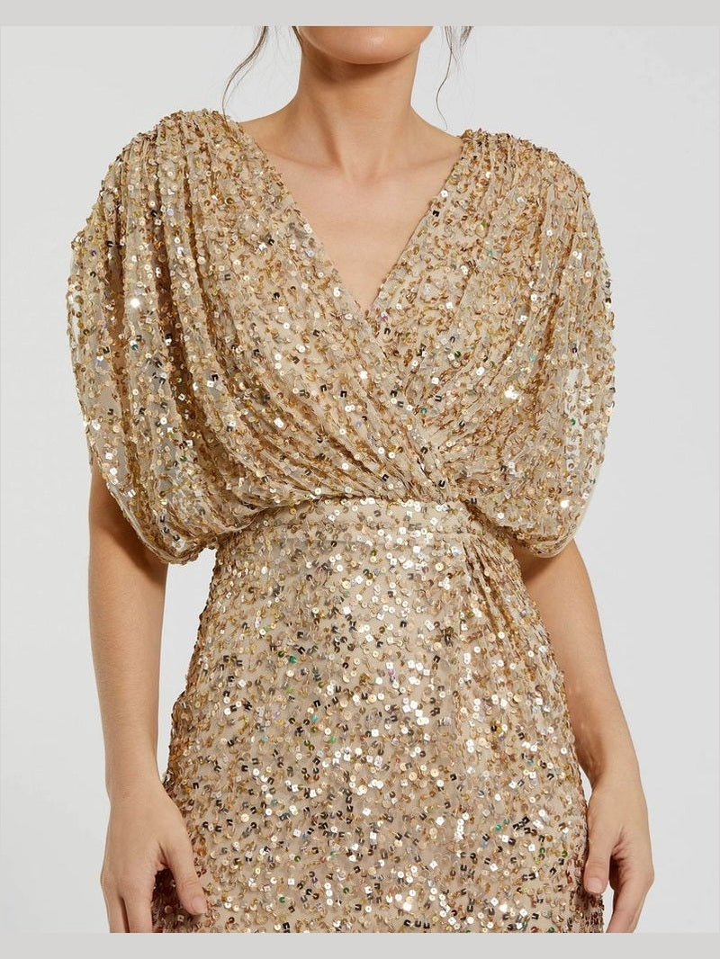 Draped Sleeve V Neck Gown