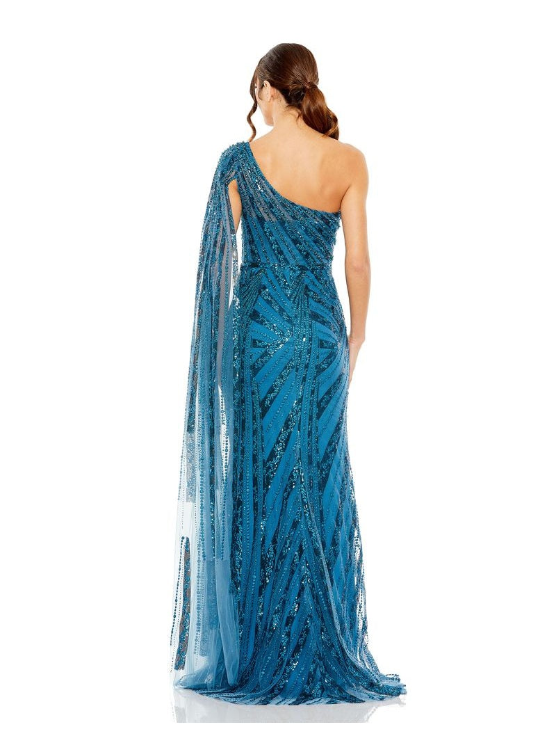 One Shoulder Cape Sleeve Embellished Gown