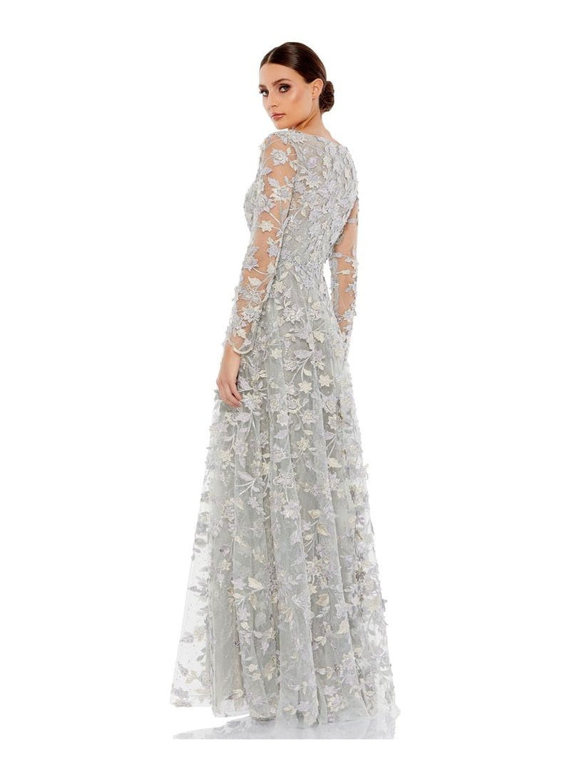 Floral Applique Long Sleeve Illusion Gown