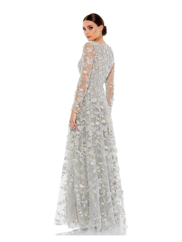 Floral Applique Long Sleeve Illusion Gown