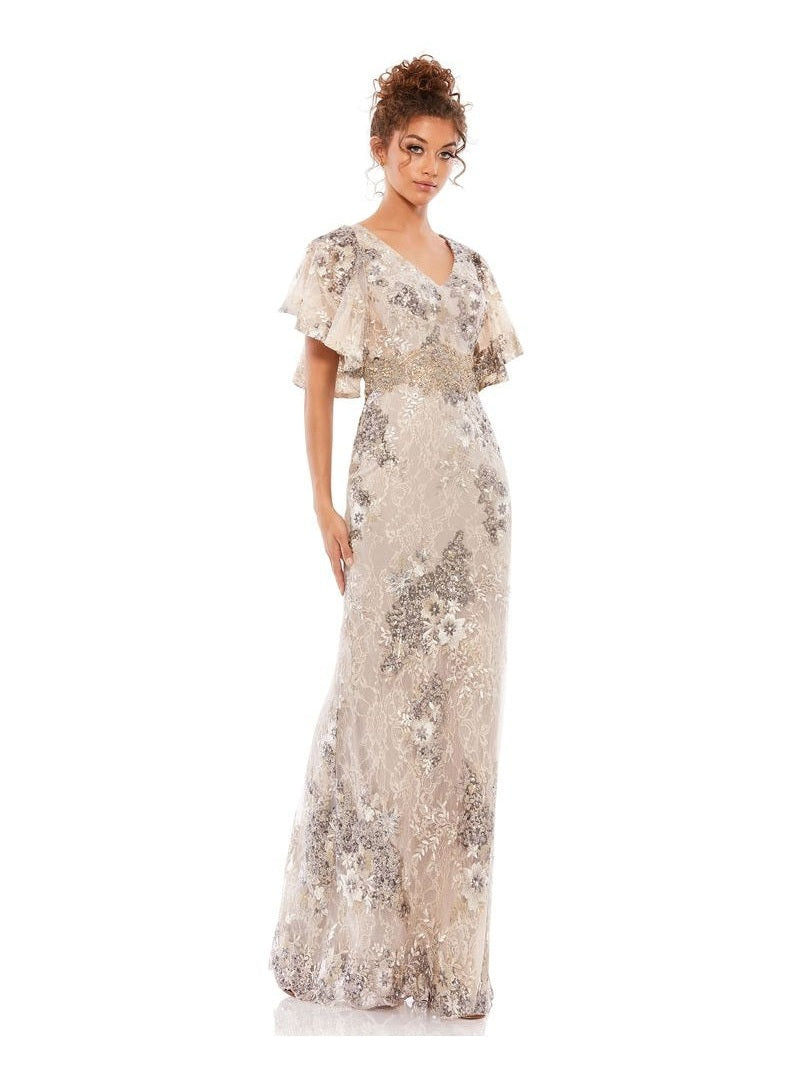 Bell Sleeve Floral Embellished Gown