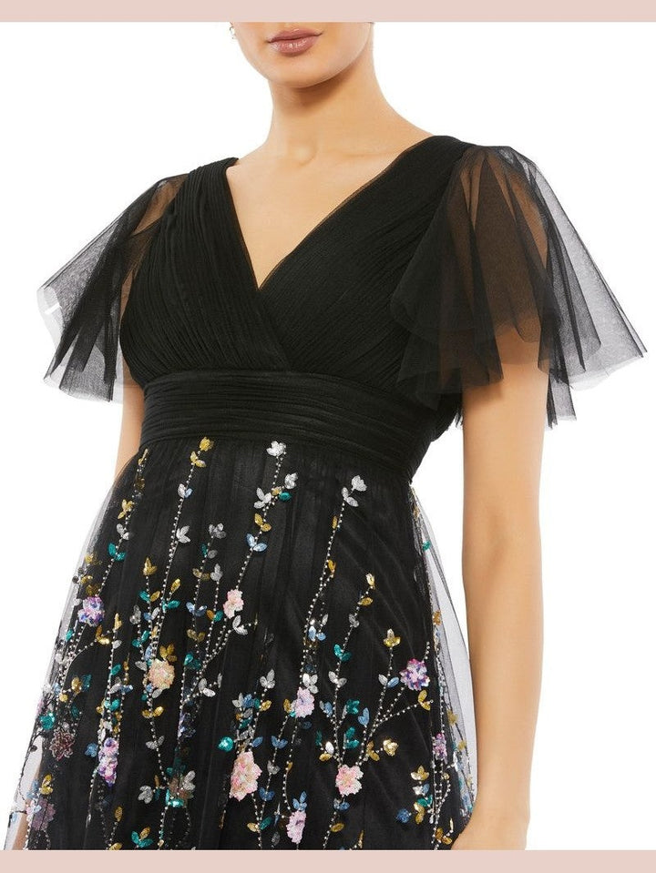 Black Embroidered Illusion Butterfly Sleeve V Neck Gown