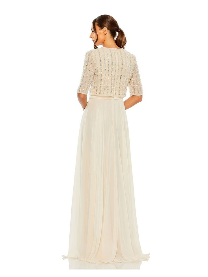 Chiffon Gown w/ Fully Beaded 3/4 Sleeve Top