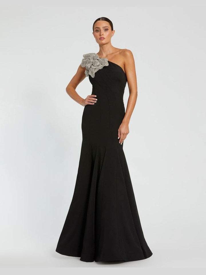 Crepe One Shoulder Gown With Crystal Flower