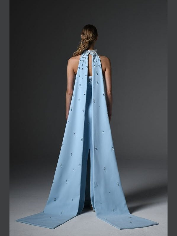 Crystal Embroidered Crepe Dress with Long Cape