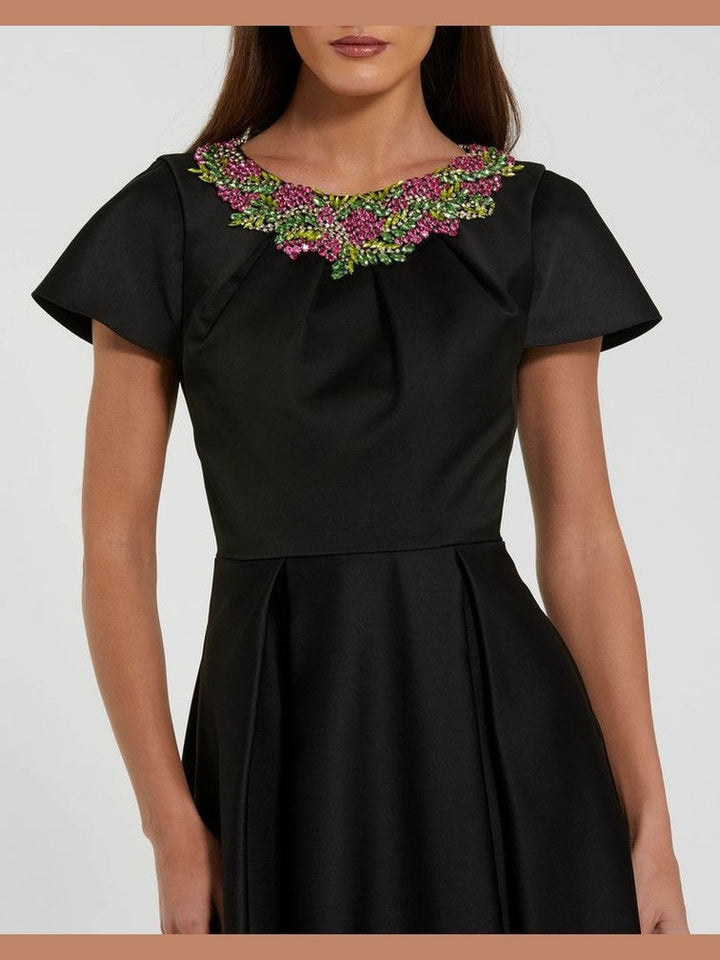 Satin Flutter Sleeve Gown With Neckline Beading