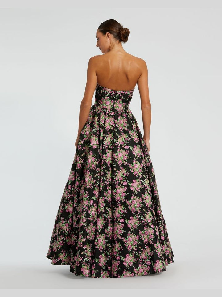 Strapless Sweetheart Brocade Floral A Line Gown