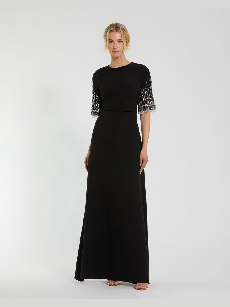Crepe A Line Gown With Beaded 3/4 Sleeves