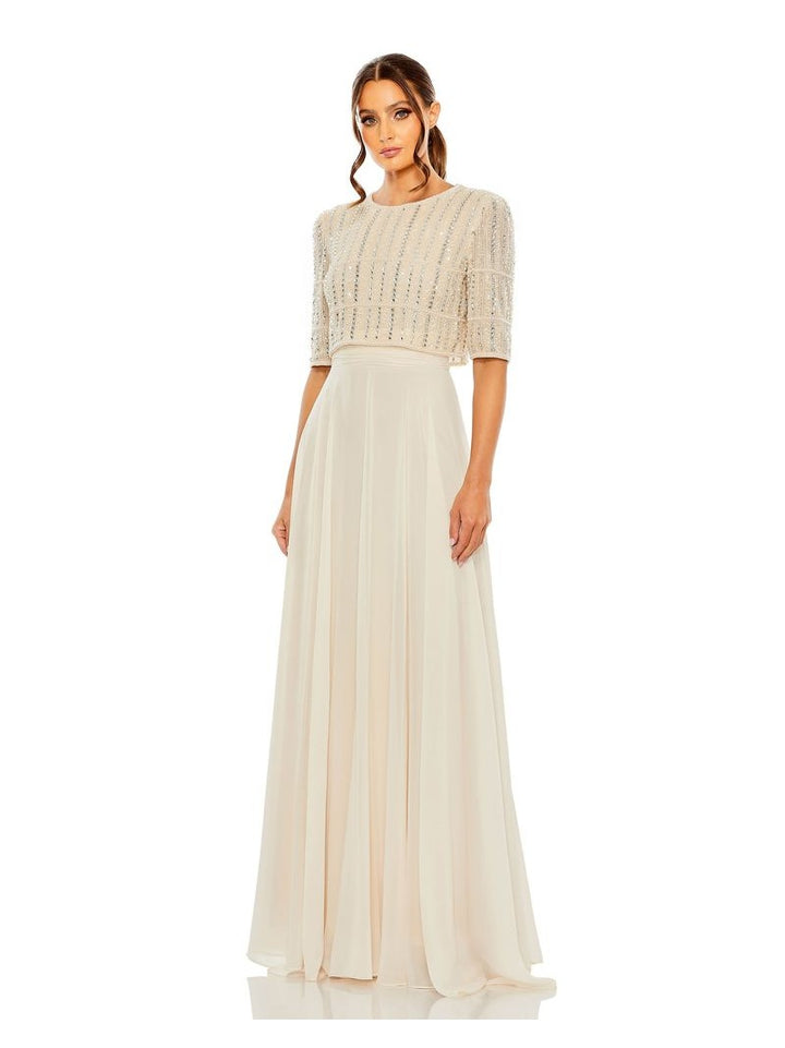 Chiffon Gown w/ Fully Beaded 3/4 Sleeve Top