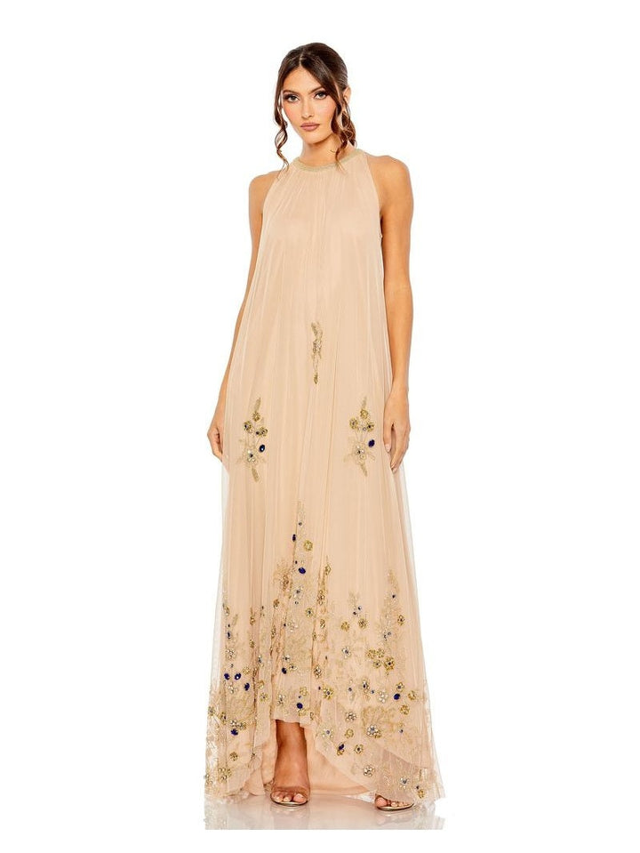 High Neck Floral Embellished Trapeze Gown