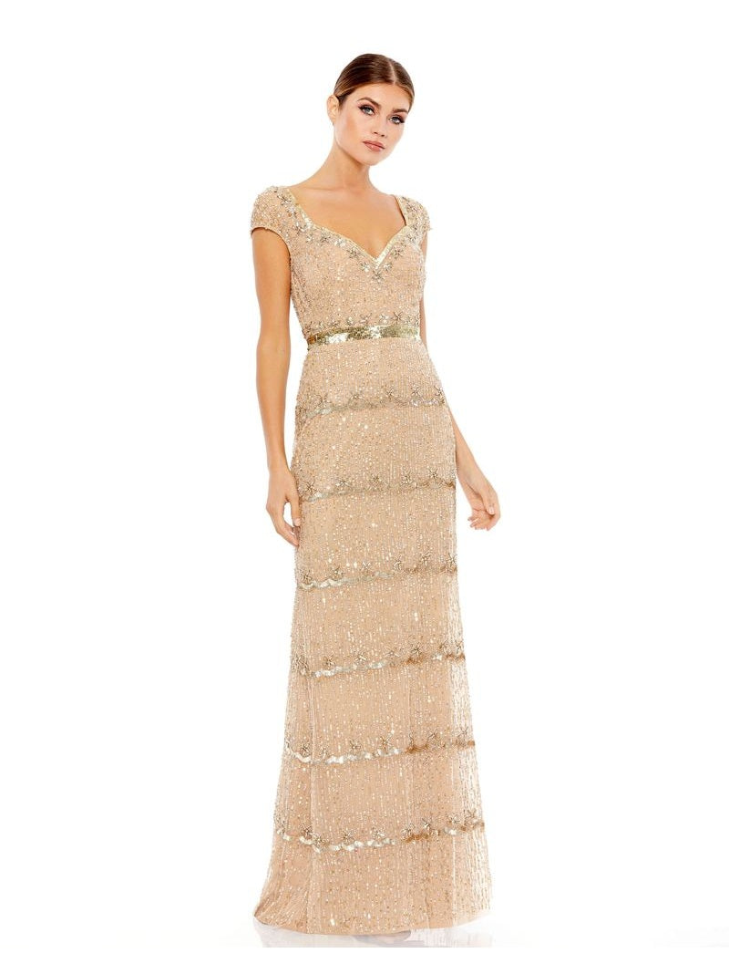 Cap Sleeve Sweetheart Neckline Beaded Sequin Column Gown