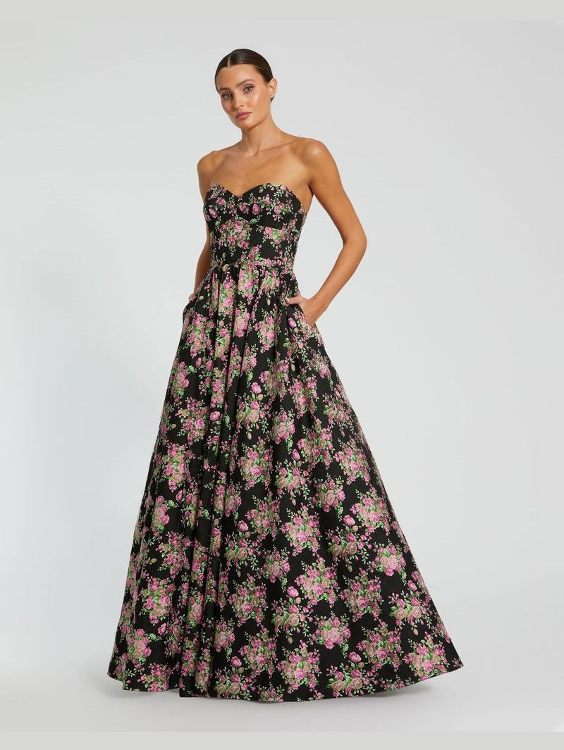 Strapless Sweetheart Brocade Floral A Line Gown