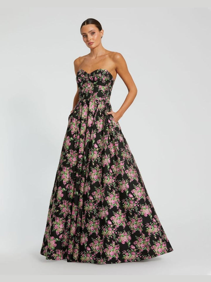 Strapless Sweetheart Brocade Floral A Line Gown