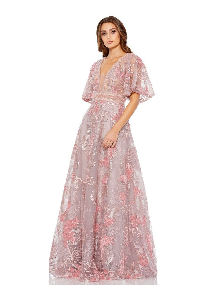 Embroidered Flounce Sleeve A Line Gown