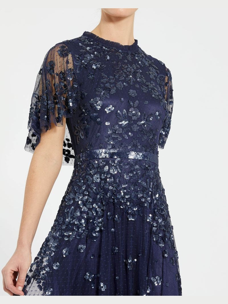 Sequined High Neck Flutter Sleeve A Line Gown