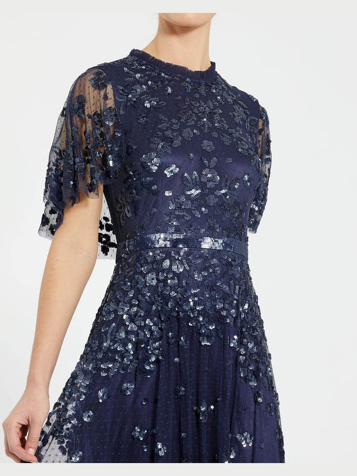 Sequined High Neck Flutter Sleeve A Line Gown