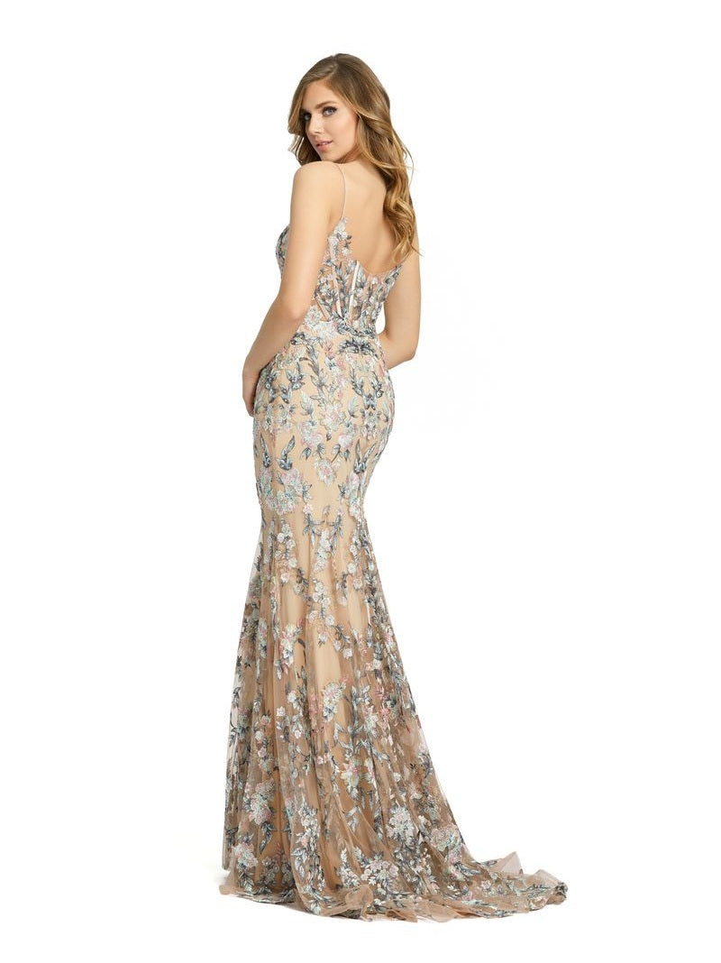 Embroidered Spaghetti Strap Trumpet Gown