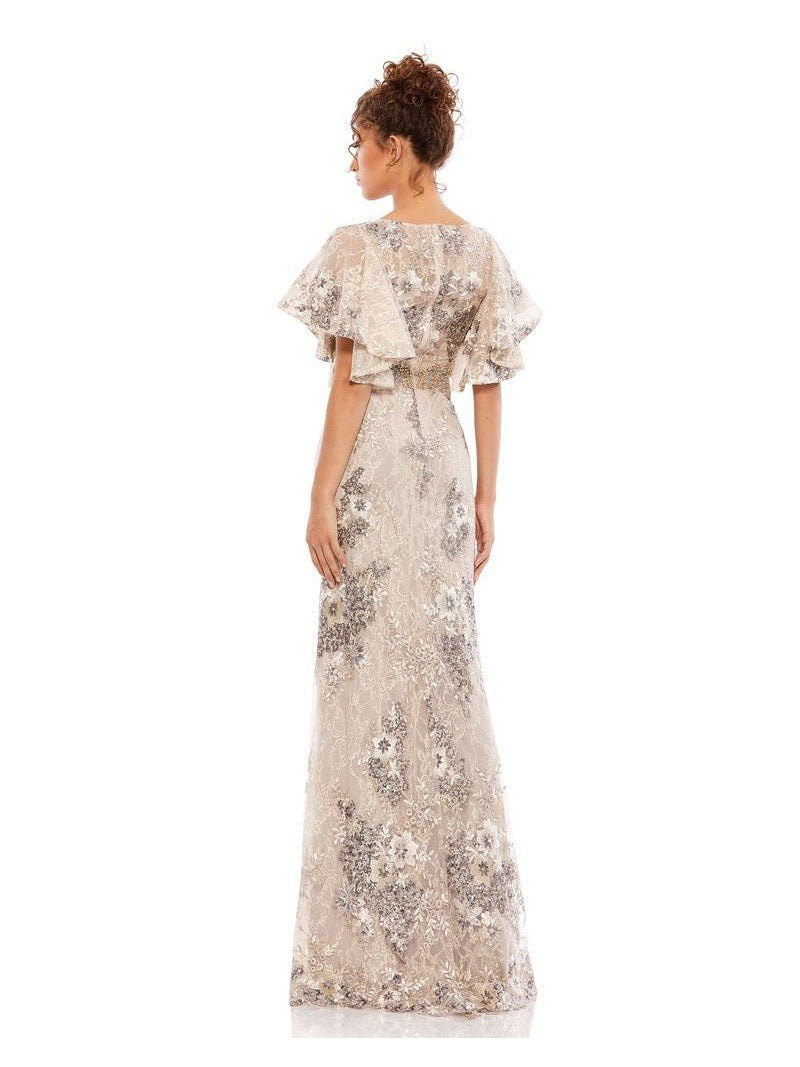 Bell Sleeve Floral Embellished Gown