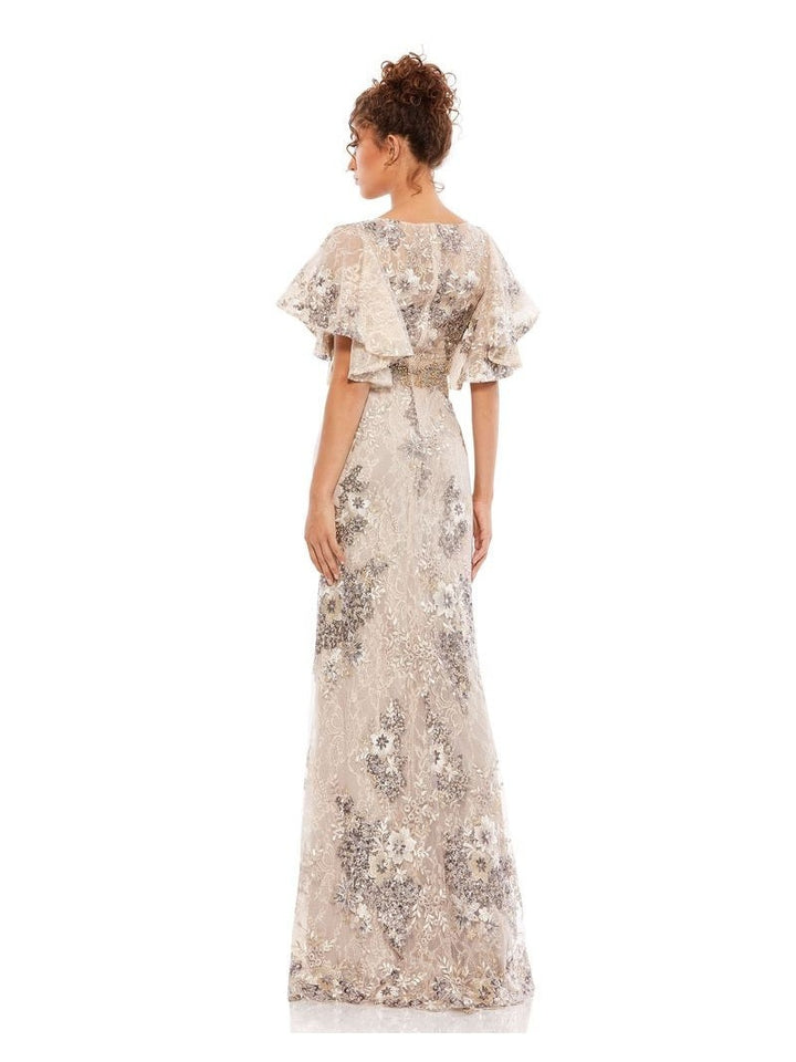 Bell Sleeve Floral Embellished Gown
