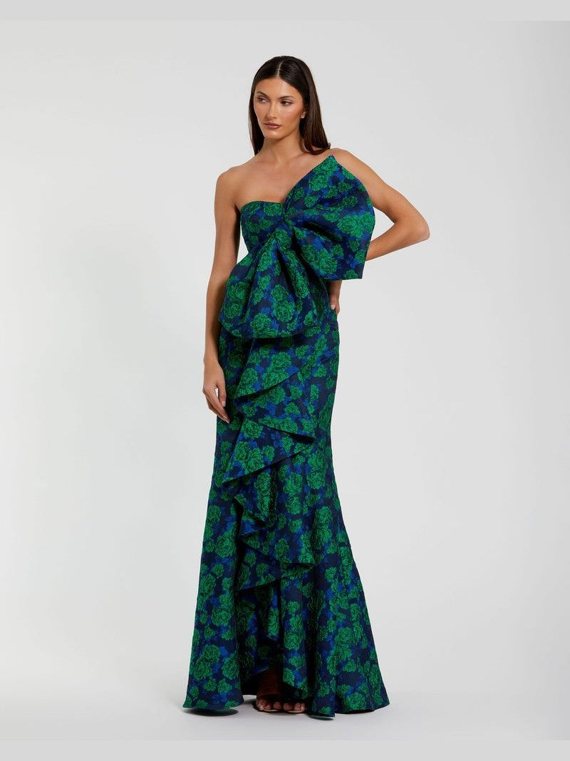 Strapless Brocade Fitted Gown With Oversized Bow