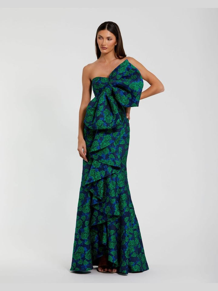 Strapless Brocade Fitted Gown With Oversized Bow