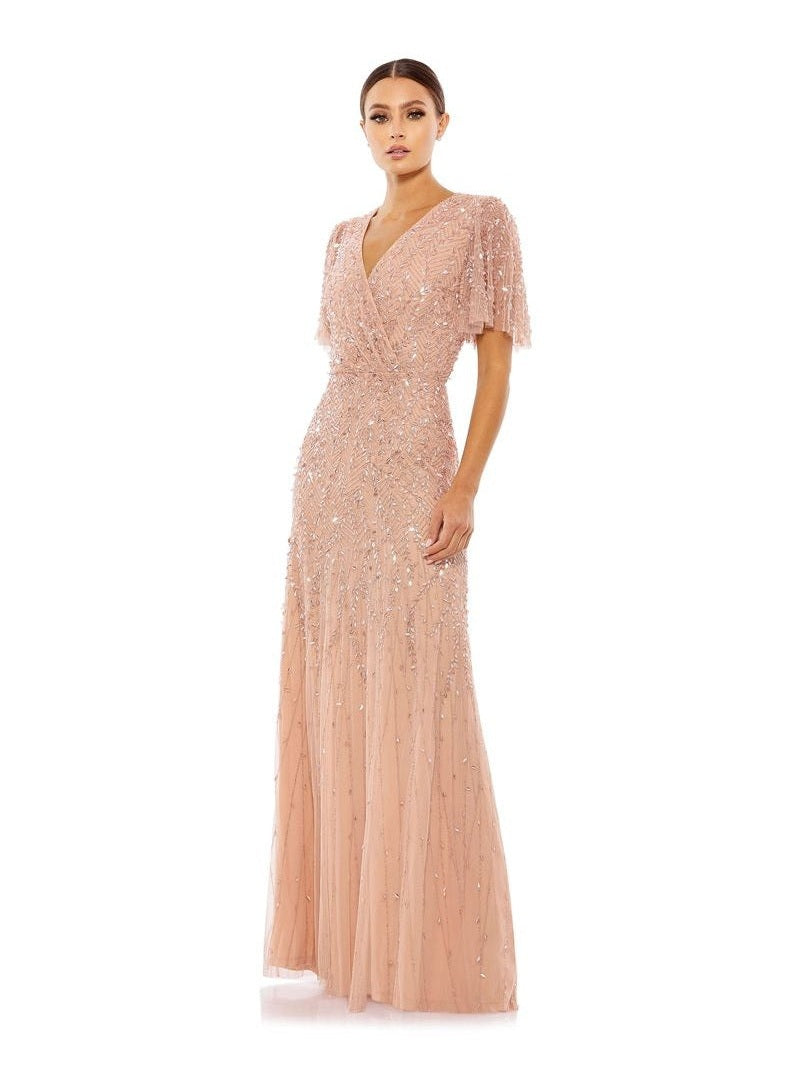 Beaded Wrap Over Butterfly Sleeve Column Gown