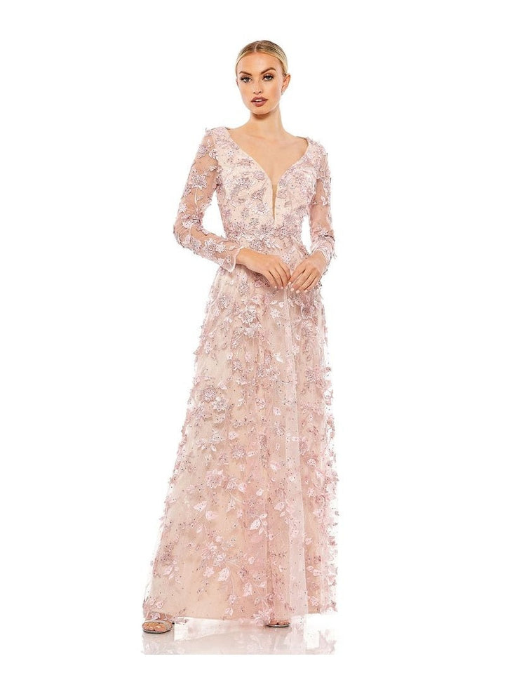 Floral Applique Long Sleeve Illusion Gown