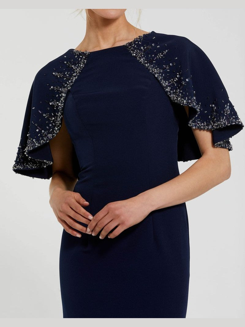 High Neck Fitted Gown With Beaded Shawl