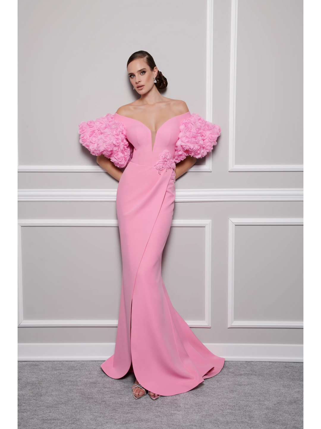 Crepe Off Sloulder Dress With 3D Floral Sleeves