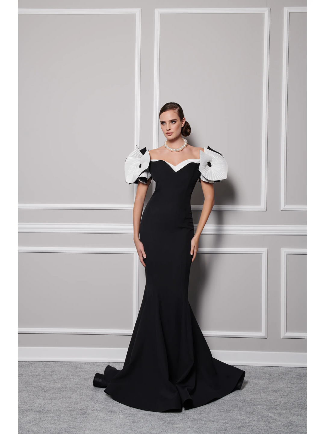 Crepe Gown With Dramatic Off Shoulder Sleeves