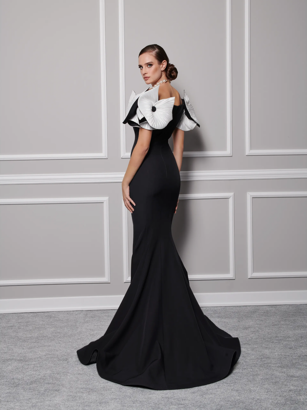 Crepe Gown With Dramatic Off Shoulder Sleeves