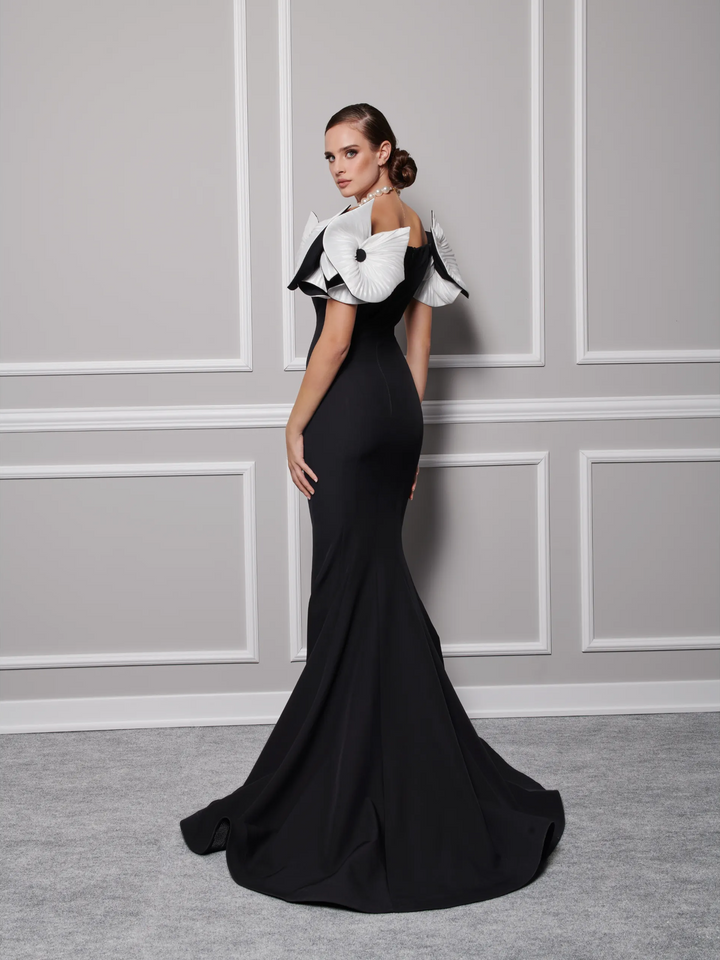 Crepe Gown With Dramatic Off Shoulder Sleeves