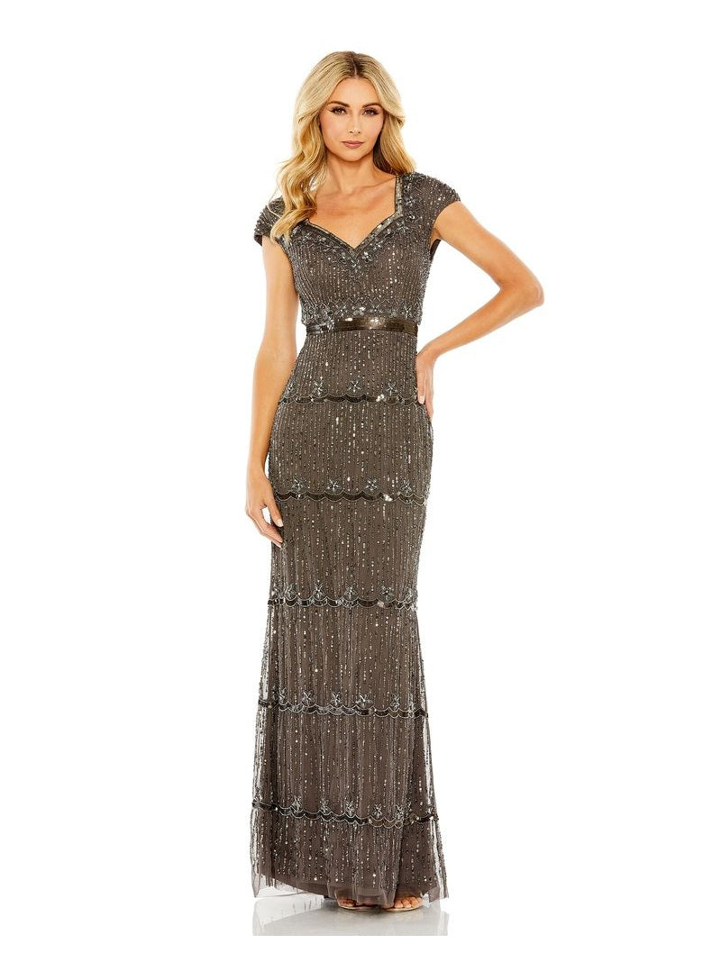 Cap Sleeve Sweetheart Neckline Beaded Sequin Column Gown