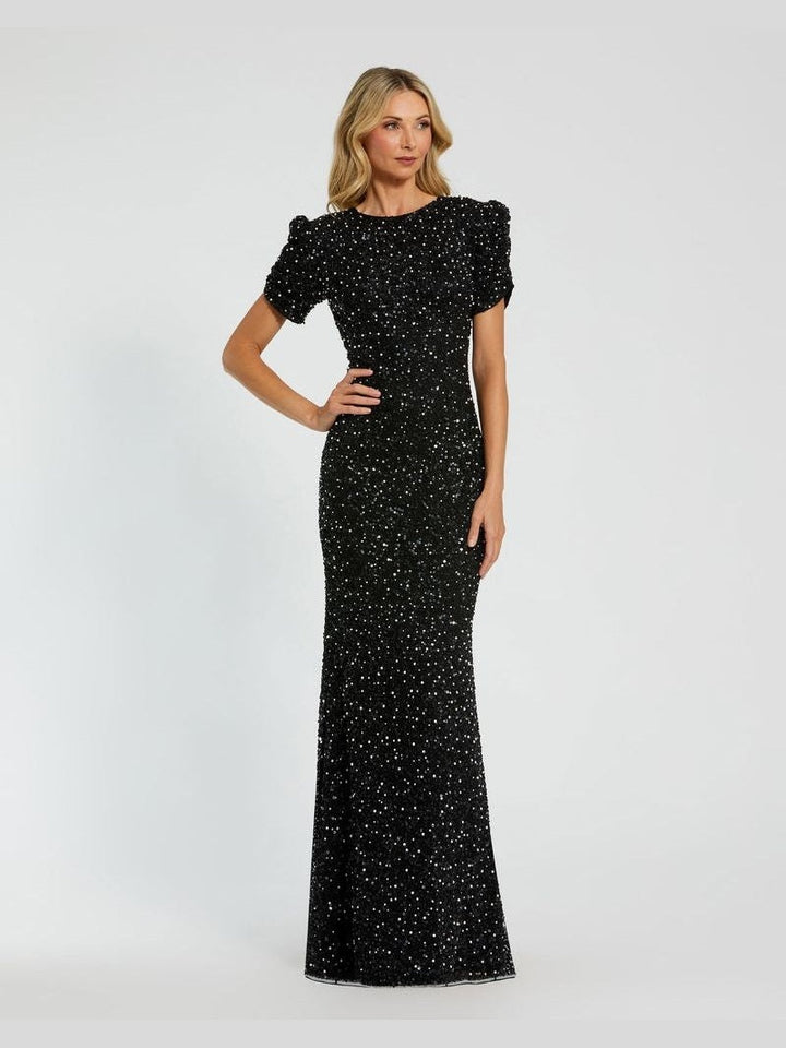 Gathered Short Sleeve Beaded Gown