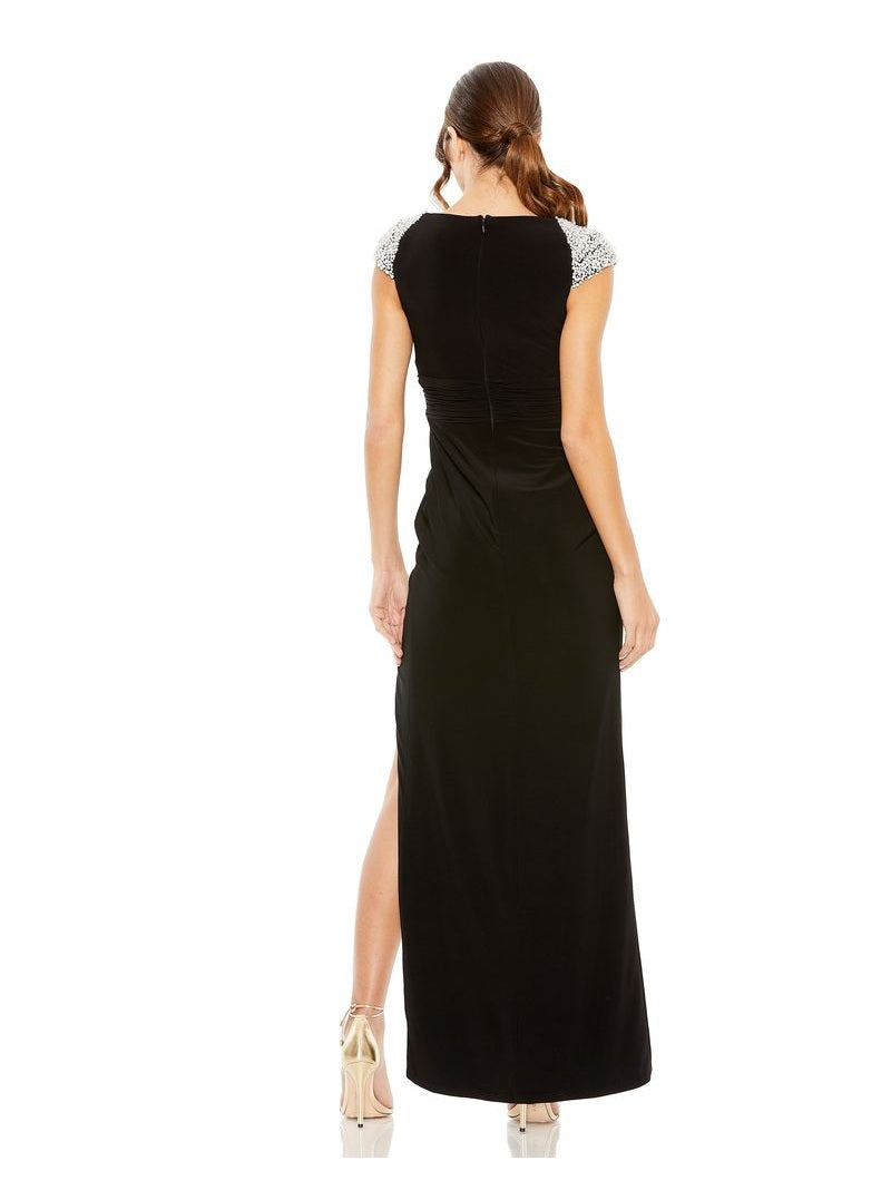 V Neck Embellished Cap Sleeve Faux Wrap Slit Gown