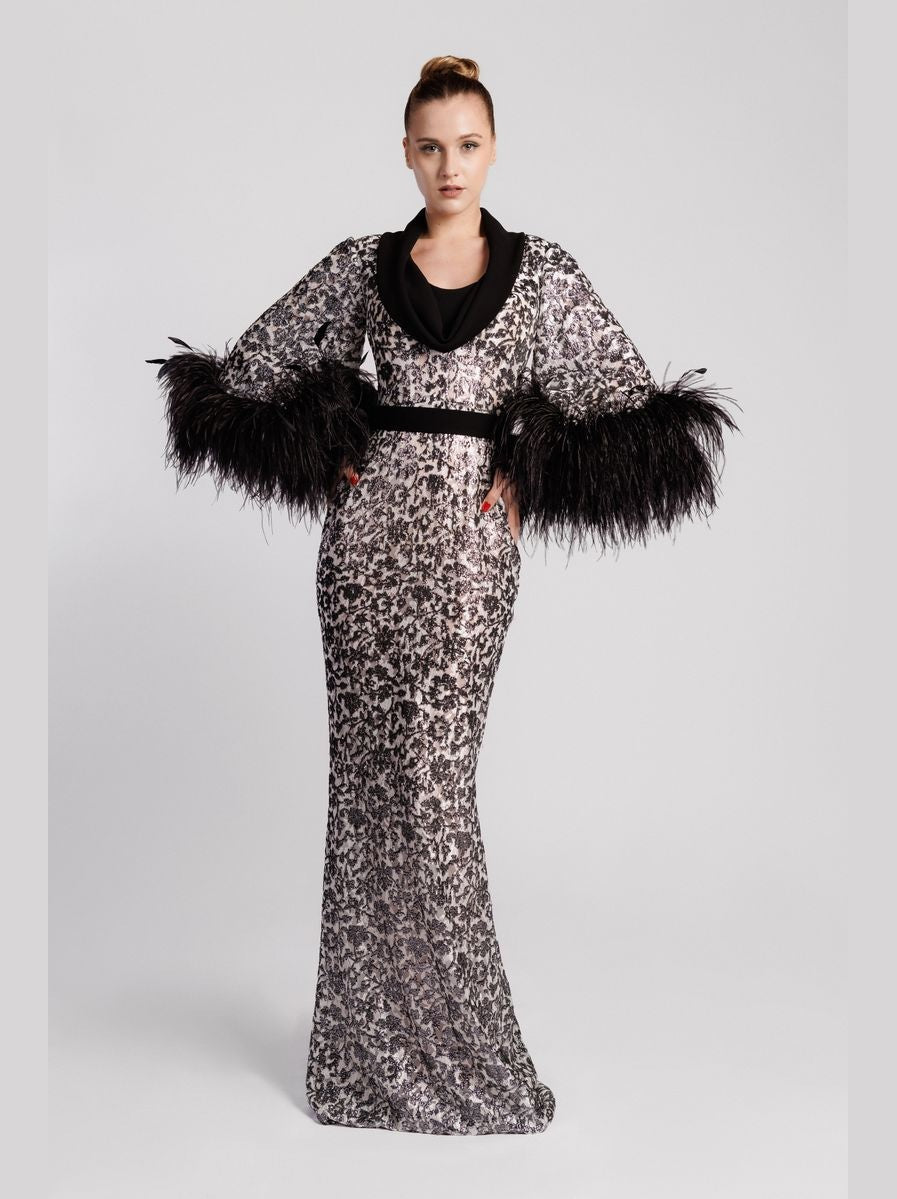 Patterned Evening Dress with Feather Sleeves