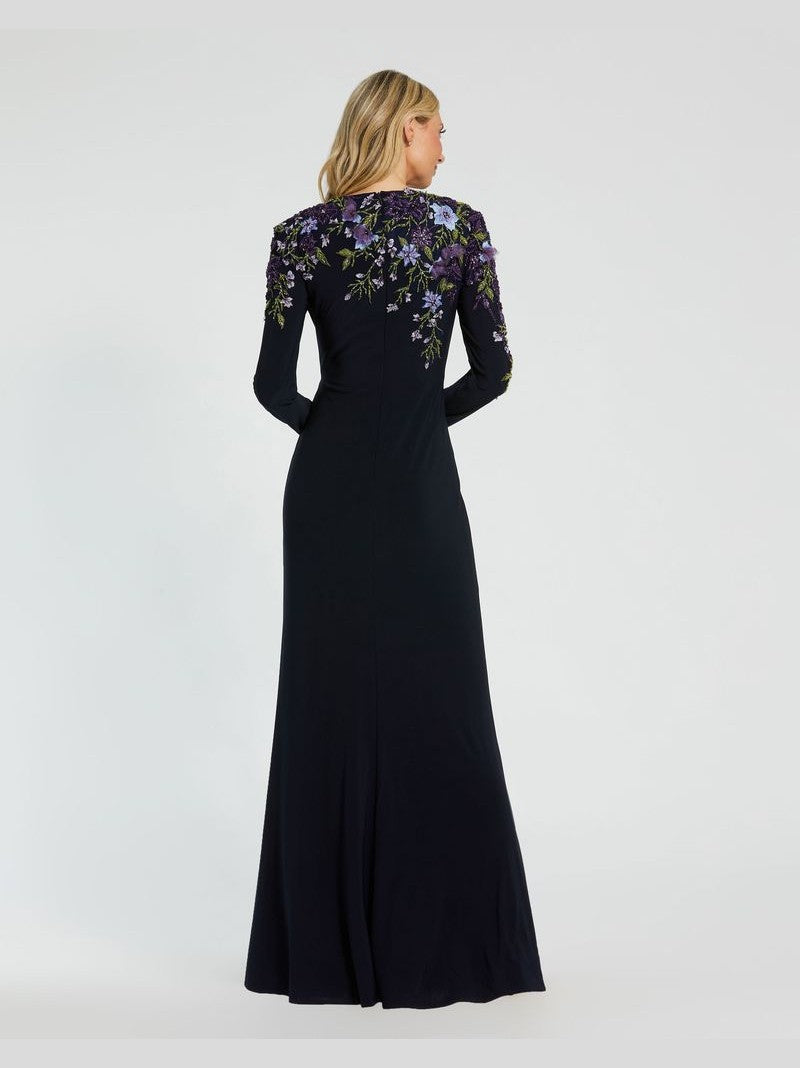 Embellished Long Sleeve Fitted Jersey Gown